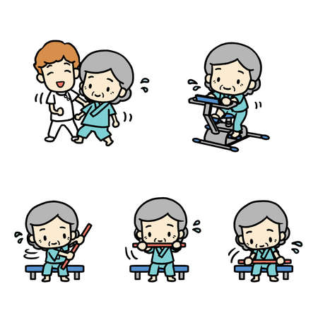 Illustrations of various rehabilitation (including stick exercises). senior citizen.の写真素材
