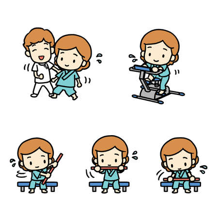 Illustrations of various rehabilitation (including stick exercises). Female.の写真素材