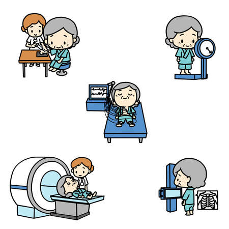 Illustrations of various physical examinations (including x-ray and electrocardiogram). senior citizen.の写真素材