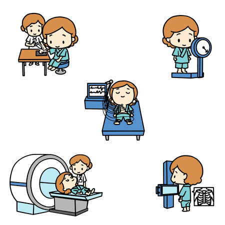 Illustrations of various physical examinations (including x-ray and electrocardiogram). Female.の写真素材