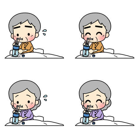 Illustration of a person drinking a drink in bed. senior citizen.の写真素材
