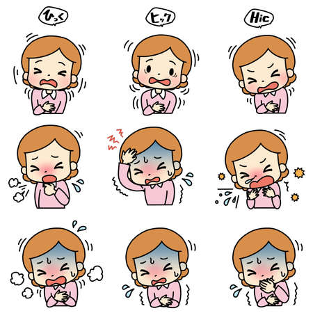 Illustrations of various symptoms (hiccups, headaches, vomiting). Female.の写真素材