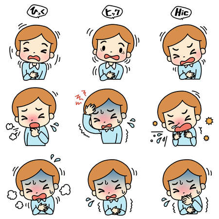 Illustrations of various symptoms (hiccups, headaches, vomiting). male.の写真素材
