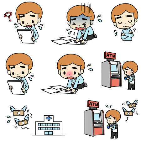 Illustrations of various worries (medical expenses, paperwork). male.の写真素材