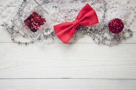 holiday decorations on white wood backgroundの写真素材