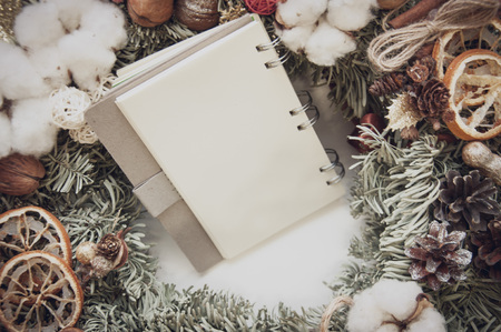 Christmas 2018 wreath on wooden backgroundの写真素材