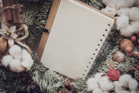 Christmas 2018 wreath on wooden backgroundの写真素材