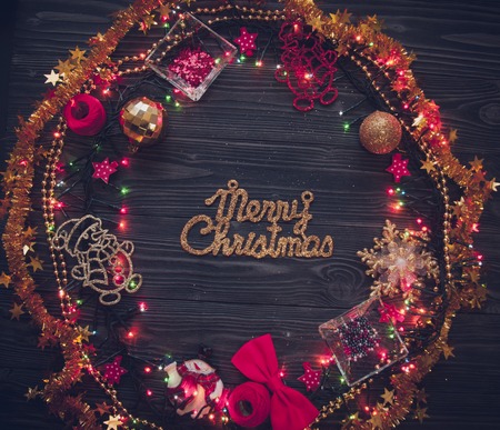 Christmas 2018 wreath on wooden backgroundの写真素材