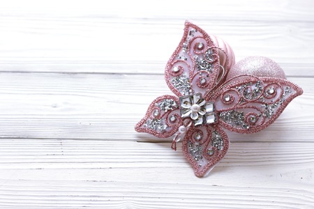 holiday decorations on white wood background and copy spaceの写真素材