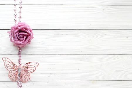 Holiday decorations on white wood background and copy space, topの写真素材