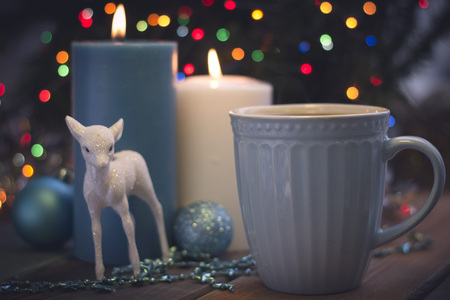 Still life with burning candles and coffeeの写真素材