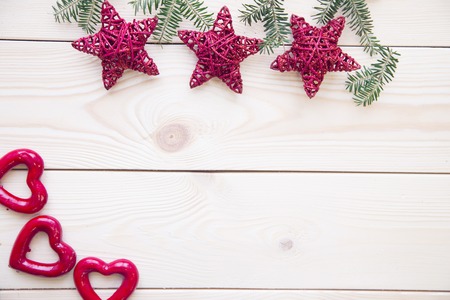 Christmas light wooden background with decorationsの写真素材