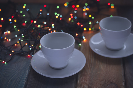 Festive still life with two coffee cupsの写真素材