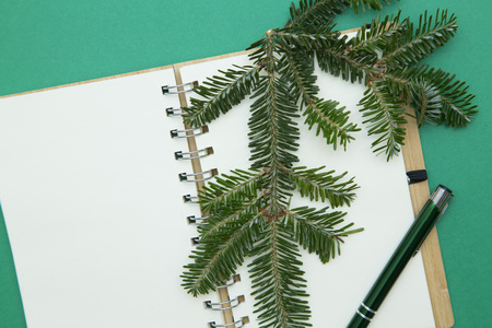 Writing New Year resolutions. Green Christmas or New Year background with a blank notebook and a spruce branch. Space for your text or image. Top view.の写真素材
