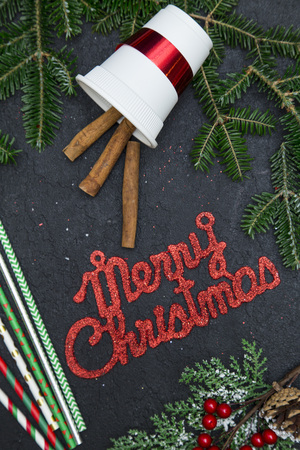 Red gleaming Merry Christmas inscription in a frame of spruce branches, red berries, straws and cinnamon sticks in a white paper cup. Close up. Top viewの写真素材
