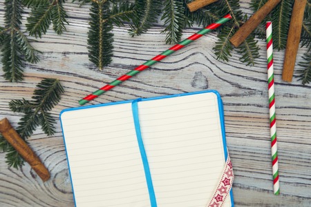 An opened blank notebook on a light wooden shabby background with a frame of sruce branches, cinnamon sticks and straws.の写真素材