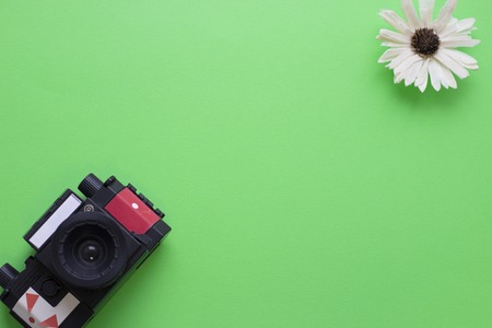 Green one-color background with a flower and a vintage camera, top view. Travel or tourism concept. Space for a text or product display.の写真素材