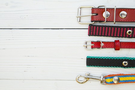 Pet care, veterinary concept. A white wooden background with a right border of red leather and textile collars. Space for a text or image. Pet shop banner.の写真素材