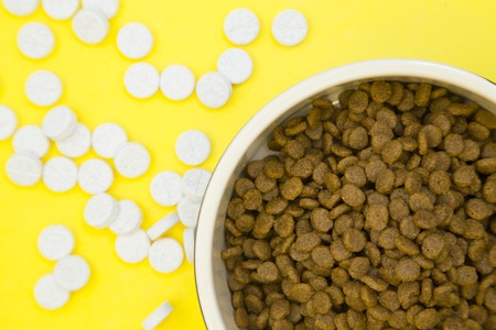 Pet care feeding concept. A nutritious healthy food for a pet. A bowl of dry pet food and vitamin...