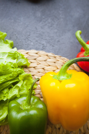fruit and vegetables on dark concrete background