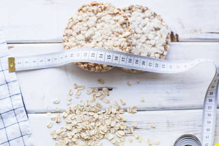 Healthy breakfast on white wooden backgroundの写真素材