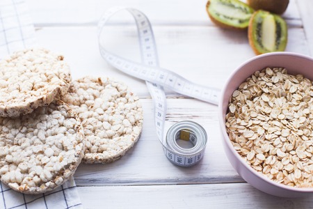 Healthy breakfast on white wooden backgroundの写真素材