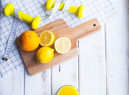 Healthy breakfast on white wooden backgroundの写真素材