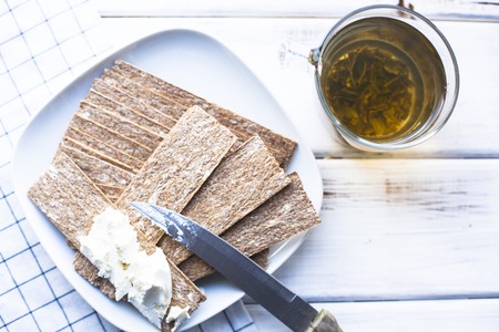 Healthy breakfast on white wooden backgroundの写真素材