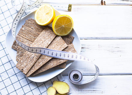 Healthy breakfast on white wooden backgroundの写真素材