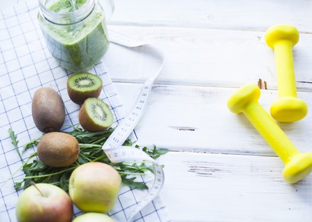 Healthy breakfast on white wooden backgroundの写真素材