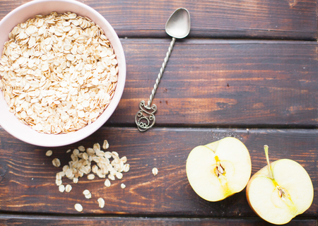 Healthy breakfast on a dark wooden backgroundの写真素材