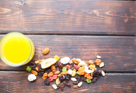 Healthy breakfast on a dark wooden backgroundの写真素材
