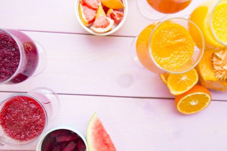 Smoothie on pink wooden backgroundの写真素材
