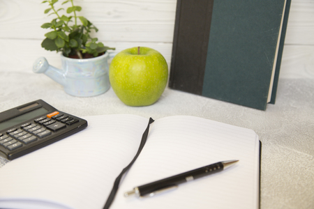 A grey notebook, an apple, a calculator and plant in a pot on a white tableの写真素材