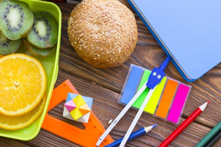 Breakfast on wood backgroundの写真素材