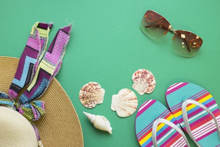 Summer vacation items on one-color backgroundの写真素材