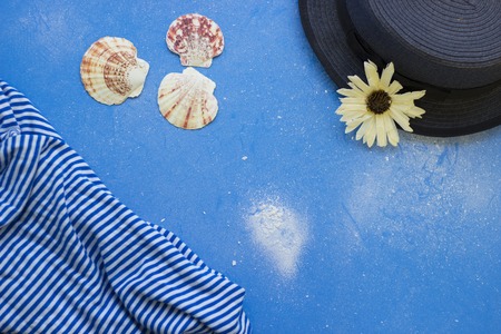 Blue powdered background with grey romantic hatの写真素材