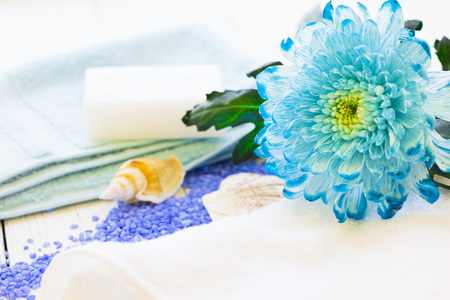 Spa items set with a blue flower,lavender bath salt, sea shells and a bar of soap, close up, white backgroundの写真素材
