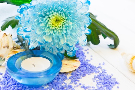 Spa items set with a blue flower,lavender bath salt, sea shells and a candle in a blue holder, close up, white backgroundの写真素材