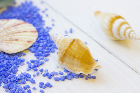 Spa concept with lavender bath salt and sea shells on a white wooden table, close upの写真素材