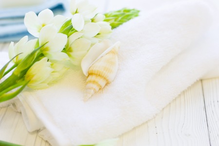 Spa items set with a flower spur and sea shells on a clean towel, white wooden background, close upの写真素材