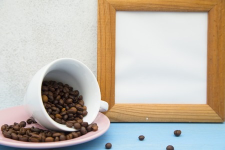 Coffee with sweets on a blue wooden backgroundの写真素材