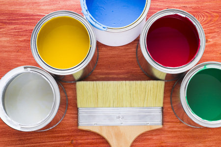 House renovation concept, paint cans and brushesの写真素材