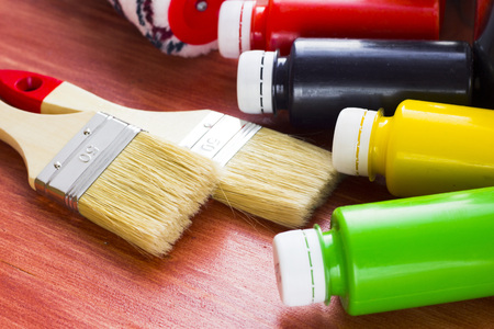 House renovation concept, paint cans and brushesの写真素材