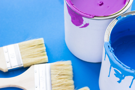 House renovation concept, paint cans and brushesの写真素材