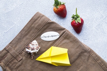 Preparing for vacation, travel or journey. Travel planning. Booking hotel. Grey marble background with sunglasses, passport, seashells, camera and strawberryの写真素材