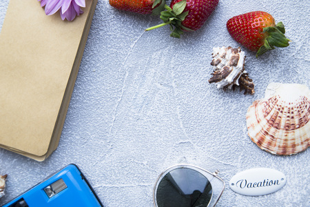 Preparing for vacation, travel or journey. Travel planning. Booking hotel. Grey marble background with sunglasses, passport, seashells, camera and strawberry.の写真素材
