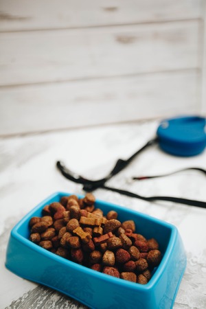 Dry pet food in bowl on white stone background top view copyspaceの写真素材