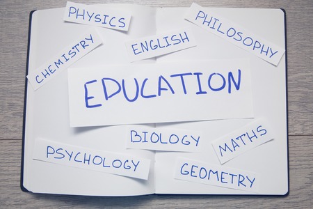 Signs Psychology, Geometry, English on wood board background. Education or business photo. Take note of the product for book with paper and concept or copy space.の写真素材