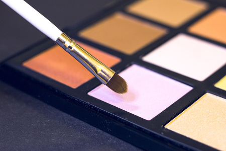 Professional make up palette for eye and face make up with a thin brush on black background, close upの写真素材